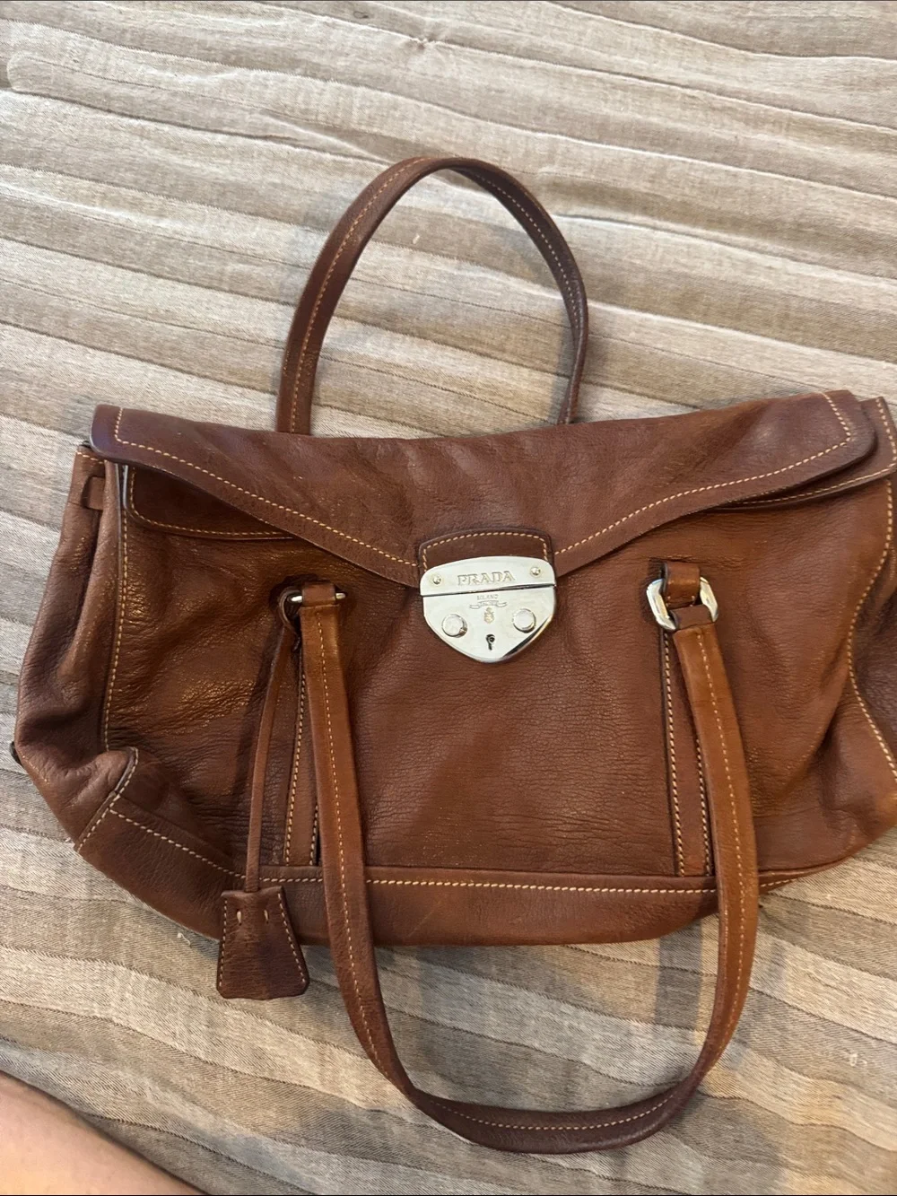 Prada Brown Leather Satchel with Silver-Tone Lock